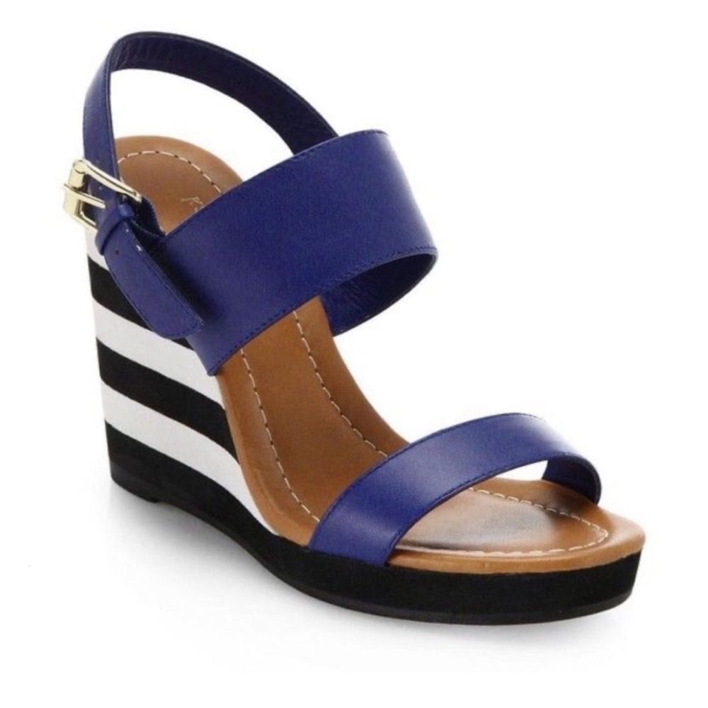 Kate Spade Blue Leather Striped Wedge Sandals Nautical Ankle Strap 9.5M